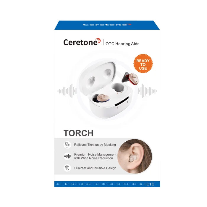 Ceretone Torch over the counter hearing aids box and packaging. Torch hearing aids relieves tinnitus by masking, premium noise management, with noise reduction, and discreet and nearly invisible design.